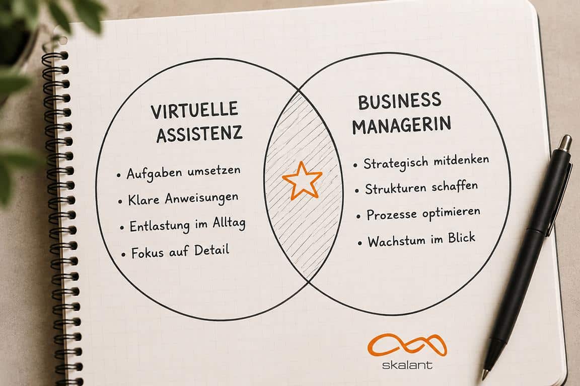 Virtuelle Assistenz oder Business Managerin: Venn-Diagramm zeigt Unterschiede bei Umsetzung, Strategie, Prozessen und Business-Wachstum.